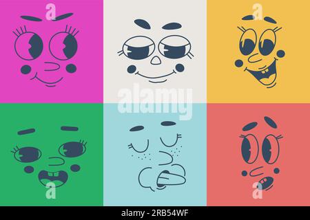 Ensemble de visages drôles de dessins animés avec des émotions différentes. Graphique isolé par vecteur pour la conception. Illustration de Vecteur