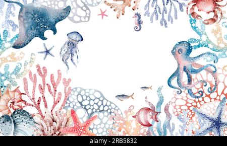 cadre pour animaux marins. Encadrer l'espace texte de poissons de mer, tortue, baleine et corail. Illustration nautique de dauphins de mer, méduses, étoiles de mer Banque D'Images