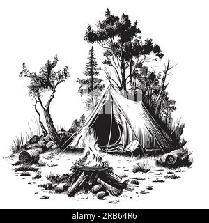 Tente dans la forêt près du croquis de feu de camp dessiné dans l'illustration de style doodle Camping Illustration de Vecteur