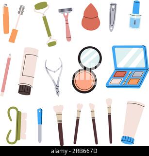 Ensemble de maquillage beauté. Cosmétiques pour femmes. Vernis à ongles, mascara, rouge à lèvres, ombres à paupières, pinceau, brillant à lèvres, peigne à cheveux, rouleau de massage. Illustration vectorielle Illustration de Vecteur
