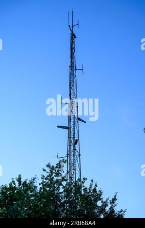 Un petit réseau d'antennes directionnelles contre un ciel bleu sur un simple mât à trois côtés avec un arbre au premier plan, posé contre un ciel bleu. Banque D'Images
