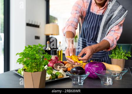 Section médiane de l'homme biracial portant un tablier préparant le repas avec des légumes hachés dans la cuisine. Nourriture, cuisine, mode de vie sain et vie domestique. Banque D'Images
