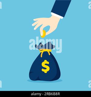Main mettant la pièce d'or dans le sac d'argent. Pièce pressée entre les doigts. Économie d'argent ou concept de don. Illustration vectorielle d'affaires et de finance. Illustration de Vecteur