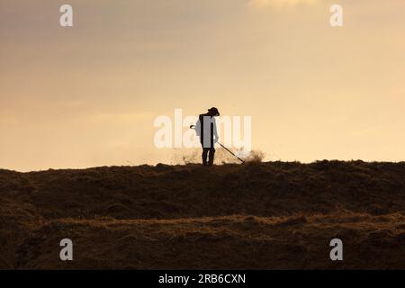 Silhouette d'un homme coupant l'herbe. Ouvrier tondant de l'herbe à la lumière du coucher du soleil Banque D'Images