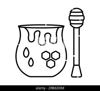 Pot de miel et icône de ligne vectorielle noire Dipper de miel Illustration de Vecteur