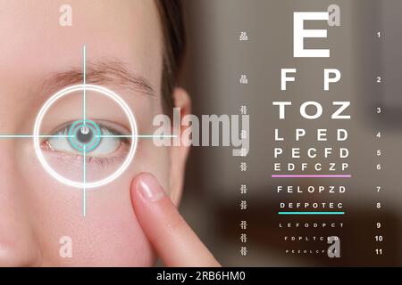 Tableau de test de vision et réticule laser focalisés sur l'oeil de la femme sur fond flou, gros plan Banque D'Images