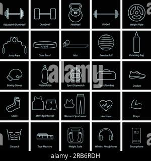 Gym entraînement icônes simples set vecteur sur fond noir. Ensemble de symboles de tous les éléments dont un bodybuilder a besoin. Illustration de Vecteur