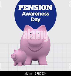 Texte de la journée de sensibilisation à la retraite en cercles bleus avec tirelires souriantes sur fond gris Banque D'Images