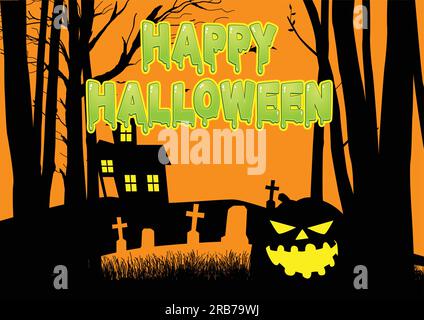 Illustration graphique d'une maison effrayante et d'un cimetière dans les bois, pour Halloween thème ou fond Illustration de Vecteur
