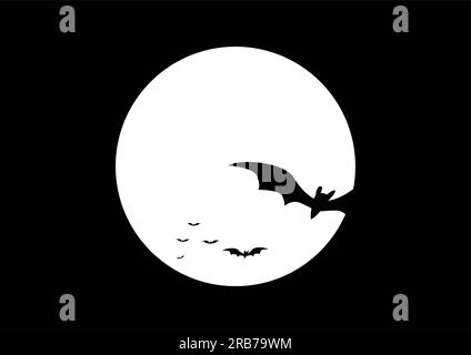 Illustration simple en noir et blanc de chauves-souris volant avec une pleine lune en arrière-plan, pour le thème et le fond d'halloween. Illustration de Vecteur