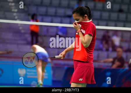 Tarnow, Slovénie. 26 juin 2023 : Lianne Tan, de Belgique, réagit dans le Badminton - Single Match féminin pendant les Jeux Européens - jour 7 à Jaskolka Arena à Tarnow, Pologne. 26 juin 2023. (Photo de Nikola Krstic/Alamy) Banque D'Images