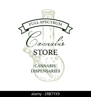 Modèle de logo vintage de magasin de cannabis avec des éléments dessinés à la main. Illustration vectorielle dans le style d'esquisse Illustration de Vecteur