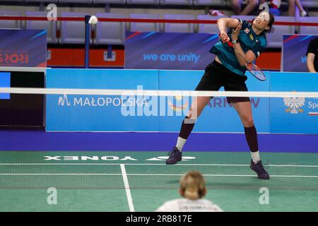 Tarnow, Slovénie. 26 juin 2023 : Katrin Neudolt, de l'Autriche, participe au Badminton - match en solo féminin pendant les Jeux Européens - jour 7 à la Jaskolka Arena de Tarnow, en Pologne. 26 juin 2023. (Photo de Nikola Krstic/Alamy) Banque D'Images