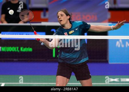 Tarnow, Slovénie. 26 juin 2023 : Katrin Neudolt, de l'Autriche, participe au Badminton - match en solo féminin pendant les Jeux Européens - jour 7 à la Jaskolka Arena de Tarnow, en Pologne. 26 juin 2023. (Photo de Nikola Krstic/Alamy) Banque D'Images