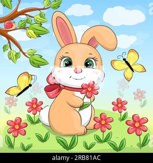 Mignon lapin de bande dessinée dans le jardin. Illustration vectorielle d'un animal avec des fleurs rouges, papillons jaunes, herbe verte, arbre, ciel bleu et nuages blancs Illustration de Vecteur