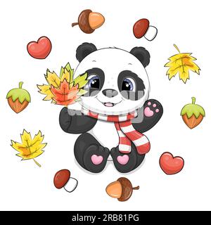 Mignon panda de dessin animé avec une écharpe rouge et des feuilles tombées dans un cadre d'automne. Illustration vectorielle d'un animal avec des feuilles jaunes, des noix, des glands, des champignons Illustration de Vecteur