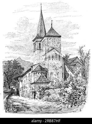 Une illustration du début du 19e siècle de l'Eglise de Saint Aventin de Larboust, une église romane située dans les Pyrénées, à Saint-Aventin, haute-Garonne dans la région Occitanie en France. Datant des 11e et 12e siècles, l’église, avec ses deux clochers, typique de l’art roman pyrénéen, est dédiée à un berger de la vallée, ermite très populaire qui y vécut vers la fin du 8e siècle. Banque D'Images