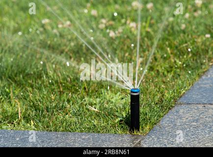 SYMBOLE - 08 juillet 2023, Serbie, Belgrad : un arroseur d'eau pulvérise de l'eau sur une pelouse de la place Sava. Photo : Silas Stein/dpa Banque D'Images