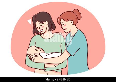 Bonne infirmière et jeune mère tenant le nouveau-né sur les mains. Maman souriante rencontre enfant bébé ont le confort du médecin. Concept de maternité. Illustration vectorielle plate. Illustration de Vecteur