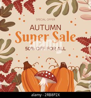 Conception de modèle carré Super sale d'automne avec espace de copie. Concept pour cadre carré de poteau de médias sociaux avec différentes branches de feuilles, citrouilles et mouches agaric de champignon. Illustration de Vecteur
