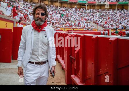 Pamplona, Espagne. 07 juillet 2023. Torero retraité, Juan José Padilla, alias Pirata vu dans les arènes de Pampelune lors des festivités de San Fermin 2023. Première corrida du festival San Fermin 2023, avec le ranch de bétail la Palmosilla de Cádiz. Crédit : SOPA Images Limited/Alamy Live News Banque D'Images