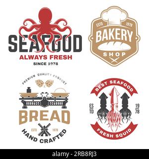 Ensemble de badges de boulangerie et de fruits de mer. Vecteur. Pour emblème, panneau, patch, chemise, menu restaurants avec rollpin, moulin à vent, épis de blé, thon, truite, crevettes Illustration de Vecteur