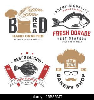 Ensemble de badges de boulangerie et de fruits de mer. Vecteur. Pour emblème, panneau, patch, chemise, menu restaurants avec rollpin, moulin à vent, épis de blé, thon, truite, crevettes Illustration de Vecteur