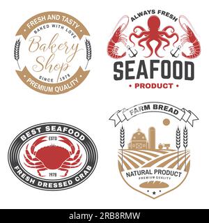 Ensemble de badges de boulangerie et de fruits de mer. Vecteur. Pour emblème, panneau, patch, chemise, menu restaurants avec rollpin, moulin à vent, épis de blé, thon, truite, crevettes Illustration de Vecteur