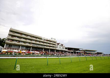 Une vue générale des coureurs dans la tribune pendant bet365 Old Newton Cup Day du Old Newton Cup Festival 2023 à Haydock Park Racecourse, Merseyside. Date de la photo : Samedi 8 juillet 2023. Banque D'Images