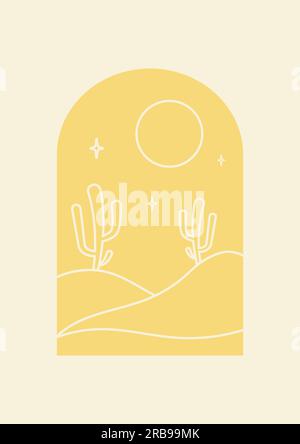 Illustration esthétique avec cactus dans désert nocturne en arche. Décoration murale bohémienne Illustration de Vecteur