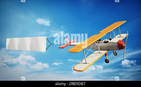 Avion classique blanc tirant bannière de texte. 3D illustration. Banque D'Images