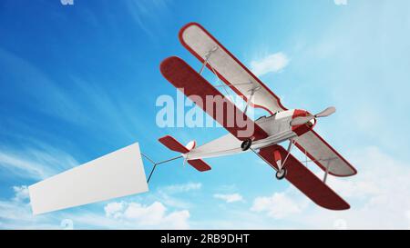 Avion classique blanc tirant bannière de texte. 3D illustration. Banque D'Images