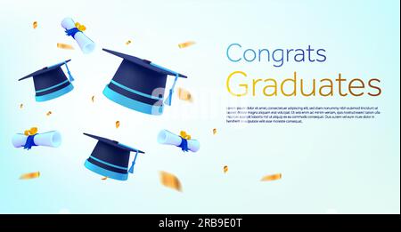 casquettes ou chapeaux de graduation bleu volant 3d avec diplômes, isolés sur fond. Modèle de bannière pour université, étudiants diplomatiques, collège, école, institut, félicitations. illustration vectorielle 3d. Illustration vectorielle Illustration de Vecteur