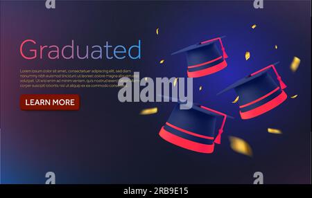 casquettes ou chapeaux de graduation rouges volants 3d, isolés sur fond. Modèle de bannière pour université, étudiants diplomatiques, collège, école, institut, félicitations, célébration. illustration vectorielle 3d. Illustration vectorielle Illustration de Vecteur