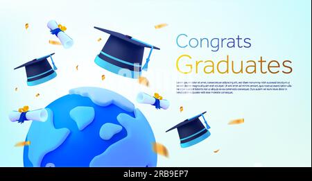 casquettes ou chapeaux de graduation bleu volant 3d avec diplômes, terre, isolé sur fond. Modèle de bannière pour l'université, étudiants diplomatiques, international, outre-mer, félicitations. illustration vectorielle 3d. Illustration vectorielle Illustration de Vecteur