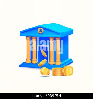 bâtiment de banque 3d avec colonne d'or, signe de dollar, flux de pièces de monnaie, piles, dans le style minimal, isolé sur fond blanc. Objet de conception pour la finance, le gouvernement bancaire. illustration vectorielle 3d. Illustration vectorielle Illustration de Vecteur