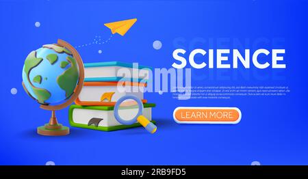 globe 3d ou terre avec livres et loupe, avion en papier, isolé sur fond. Modèle de bannière pour la science, étude, géographie, université, collège, bibliothèque, bien sûr. illustration vectorielle 3d. Illustration vectorielle Illustration de Vecteur