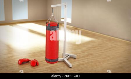 Sac de boxe suspendu à la chaîne à l'intérieur d'une chambre. 3D illustration. Banque D'Images