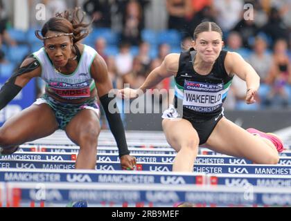 Manchester Regional Arena, Manchester, Royaume-Uni. Championnats nationaux d'athlétisme du Royaume-Uni 2023. Légende : WAKEFIELD 400 mètres de chaleur haies. Photo : Mark Dunn/Alamy Live News (Sport) Banque D'Images