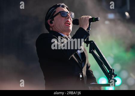 Madrid, Espagne. 07 juillet 2023. Maynard James Keenan, membre du groupe de rock américain Puscifer, se produit lors de la deuxième journée du festival Mad Cool 2023 à Villaverde. (Photo Guillermo Gutierrez/SOPA image/Sipa USA) crédit : SIPA USA/Alamy Live News Banque D'Images