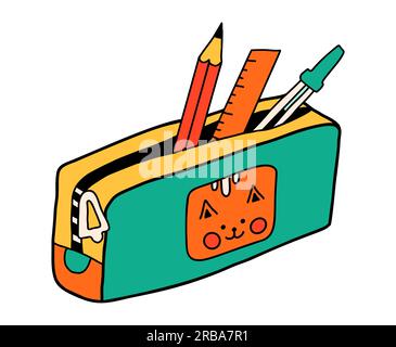 Dessin animé de cas de crayon d'école dans le style rétro doodle. Retour à l'école élément de papeterie Bold Bright. Fournitures classiques pour l'éducation des enfants ou le bureau Illustration de Vecteur