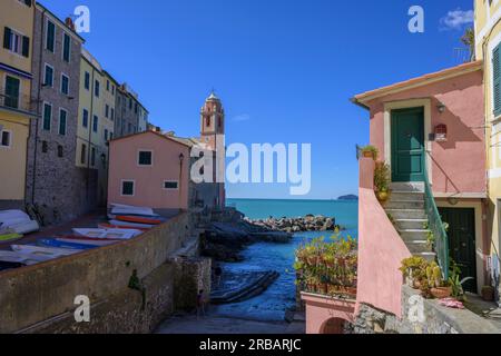 Église de San Giorgio et maison avec cactus, Tellaro, province de la Spezia, Italie Banque D'Images