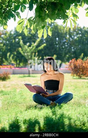 Jolie femme afro-américaine lisant un livre sur l'herbe dans le parc. Concept détente et passe-temps Banque D'Images