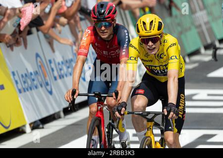 Limoges, France, 8 juillet 2023, JONAS VINGEGAARD de JUMBO - VISMA photographié à l'arrivée de l'étape 8, 201km, de Libourne à Limoges lors de la 110e édition du Tour de France crédit : Nick Phipps/Alamy Live News Banque D'Images