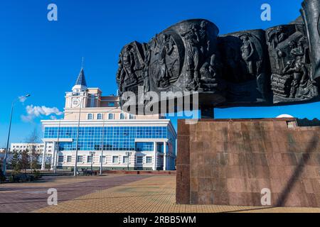 Conquérants du monument de la Terre vierge, Kostanay, Kazakhstan septentrional Banque D'Images