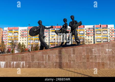 Conquérants du monument de la Terre vierge, Kostanay, Kazakhstan septentrional Banque D'Images