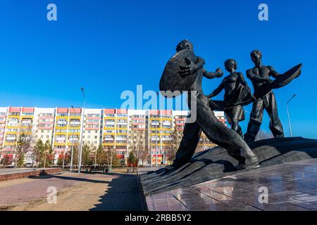 Conquérants du monument de la Terre vierge, Kostanay, Kazakhstan septentrional Banque D'Images