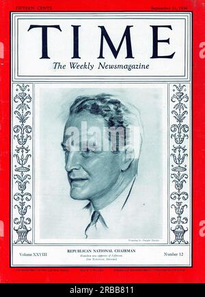 Vintage Time Magazine 21 septembre 1936 couverture du numéro, États-Unis Banque D'Images