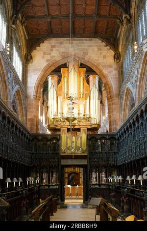 Vue intérieure, stalles de chœur, orgue, cathédrale de Manchester, Noma, Manchester, Angleterre, Grande-Bretagne Banque D'Images