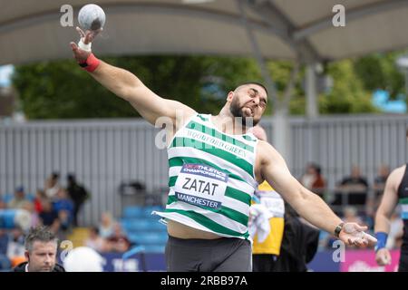 Youcef Zatat lance le lancer du poids lors des Championnats du Royaume-Uni d'athlétisme à Manchester Regional Arena, Manchester, Royaume-Uni, le 8 juillet 2023. (Photo de Conor Molloy/News Images) Banque D'Images